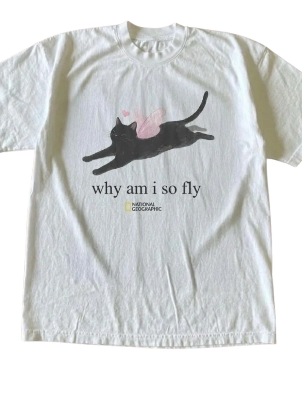 Gildan White Tee with Black Cat & Pink Wings Graphic